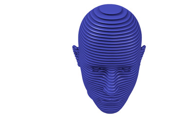 3d model of a humane head with colored skin isolated on white. it is a man face with bold head staring at various angles looking strait.