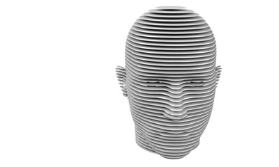 3d model of a humane head with colored skin isolated on white. it is a man face with bold head staring at various angles looking strait.