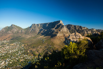 View of the Table Mountain on a sunny Day with blue Sky - seen from Lion's Head in Cape Town, South Africa
