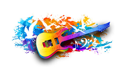 Music background with electric guitar and flying birds