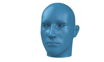 3d model of a humane head with colored skin isolated on white. it is a man face with bold head staring at various angles looking strait.