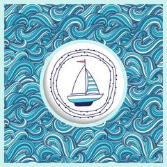 Background with waves and yacht. Template greeting card or invitation. Freehand drawing