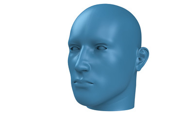 3d model of a humane head with colored skin isolated on white. it is a man face with bold head staring at various angles looking strait.