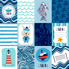 Set templates banners or cards with abstract and nautical elements. Cartoon style. Can be used for scrapbook, postcards, print and etc.