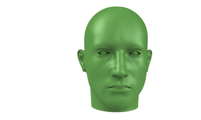3d model of a humane head with colored skin isolated on white. it is a man face with bold head staring at various angles looking strait.