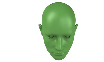 3d model of a humane head with colored skin isolated on white. it is a man face with bold head staring at various angles looking strait.