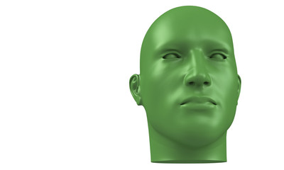 3d model of a humane head with colored skin isolated on white. it is a man face with bold head staring at various angles looking strait.