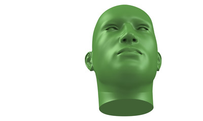 3d model of a humane head with colored skin isolated on white. it is a man face with bold head staring at various angles looking strait.