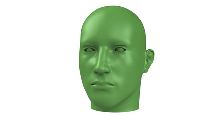 3d model of a humane head with colored skin isolated on white. it is a man face with bold head staring at various angles looking strait.
