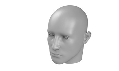 3d model of a humane head with white skin isolated on white. it is a man face with bold head staring at various angles looking strait.