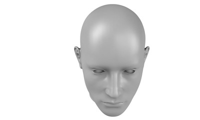3d model of a humane head with white skin isolated on white. it is a man face with bold head staring at various angles looking strait.