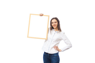 business woman standing behind a blank board on white background