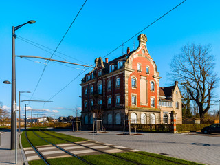Obraz premium Comfort city environment in Strasbourg. Old classic house and new modern tramway line
