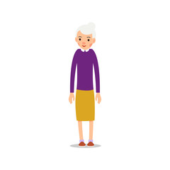 Old woman. Elderly woman stand with hands down. Illustration isolated on white background in flat style. Full length portrait of old ladie, senior or grandmother