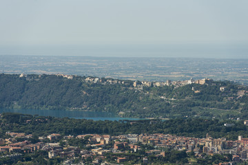 Aerial image of with the caldera named Lago Albano (Lake Albano) in front