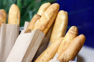 Fresh baguettes in the store close-up. Food