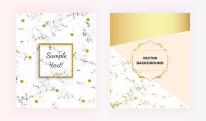 Set modern marble texture with geometric designs with gold, cream, pastel pink colors background. Glitter frame. Template for invitation, card, design, banner, wedding, posters,  flyer