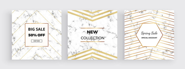 Naklejka premium Modern promotion card, marble texture banner with gold foil and glitter lines background. Square template for designs, card, flyer, invitation, party, birthday, wedding, email, web