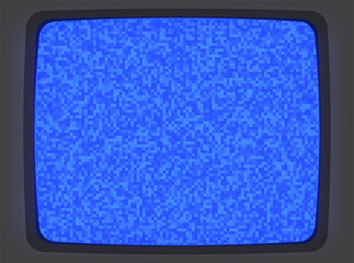Vector VHS blue intro screen of a videotape player with noise flickering. Retro 80 s style vintage blue pixel art background.