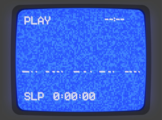 Vector VHS blue intro screen of a videotape player with noise flickering. Retro 80 s style vintage blue pixel art background.