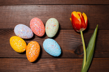 spring tulips and easter eggs. Traditional Christian Easter holiday