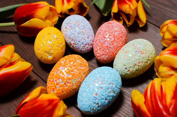 spring tulips and easter eggs. Traditional Christian Easter holiday