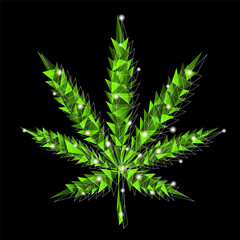 Green vector luminous marijuana leaf in low-poly style