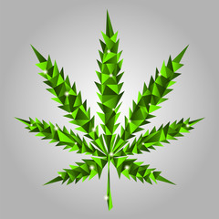 Low Poly illustration. Vector stylish green leaf of marijuana made of glass crystals
