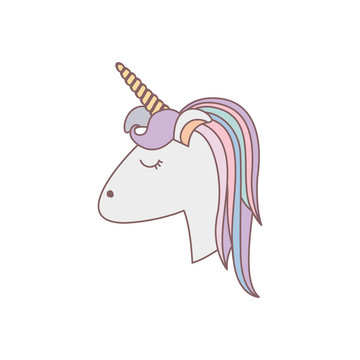 white background with face side view of female unicorn and color striped mane vector illustration