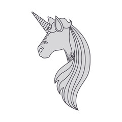 white background with gray faceless side view of unicorn and long striped mane vector illustration