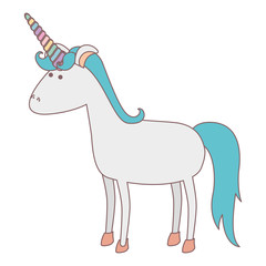 white background with cartoon unicorn standing with blue mane vector illustration