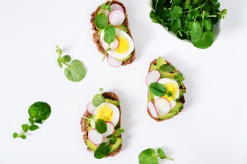 Egg and avocado sandwich isolated. Avocado and egg toast on the white background. Top view toast