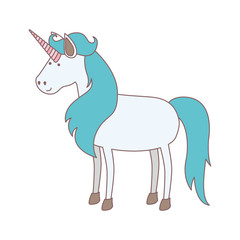 white background with cartoon unicorn standing with long blue mane vector illustration