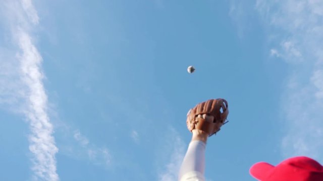Baseball Catch Success By Fielder Wearing Glove, High Ball From Sky Slow Motion