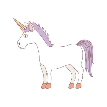 white background with caricature unicorn standing and purple mane vector illustration