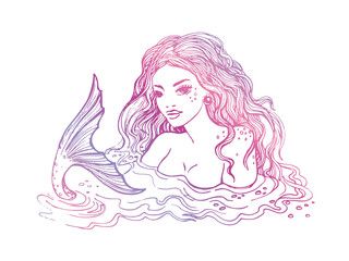 Hand drawn mermaid, on white background, white and black linen vector illustration