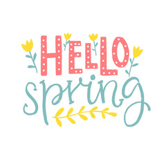 Helo spring - hand lettering saying with flowers. Pink and blue words on white background. Inspirationaal quote for social media and cards