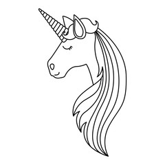 monochrome silhouette of face side view of female unicorn and long striped mane vector illustration