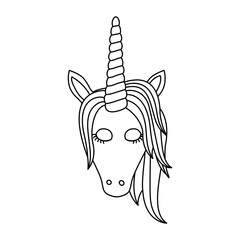monochrome silhouette of front face of female unicorn with closed eyes and mane vector illustration