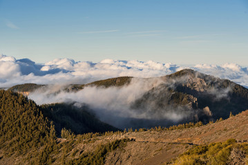 Sea of clouds in volcanic landscape of Teide national park, Tenerife, Canary islands, Spain.