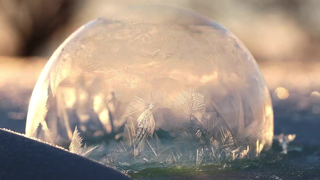 Soap bubble frozen on the snow. Winter sunrise