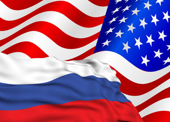 flag of the Russian Federation against the background of the USA flag, the conflict of sanctions and aggression of Russia