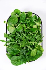 Various of different salad leaves on the white background. Land cress, rocket and spinach leaves isolated