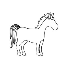 monochrome silhouette of caricature unicorn standing with striped tail and looking towards the right vector illustration