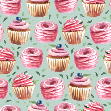 Rose capcake with flower and berry and the marshmallows