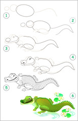Fototapeta premium Page shows how to learn step by step to draw a cute crocodile. Developing children skills for drawing and coloring. Vector image.