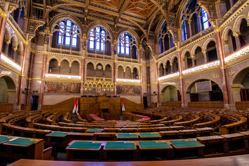 Interior view of Parliament Building in Budapest. The building was completed in 1905 and is in Gothic Revival style.