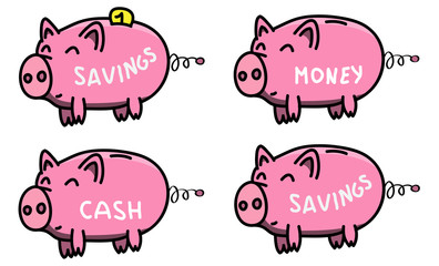 Hand drawn pink, clean, shiny and happy fat piggybank in cartoon style with inserted gold coin and .lettering, colored illustration for kids