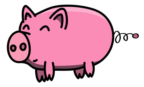 Hand drawn pink, clean, shiny and happy fat pig animal outline in cartoon style, colored illustration for kids