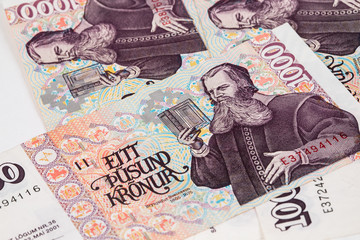 Icelands's banknote money close up